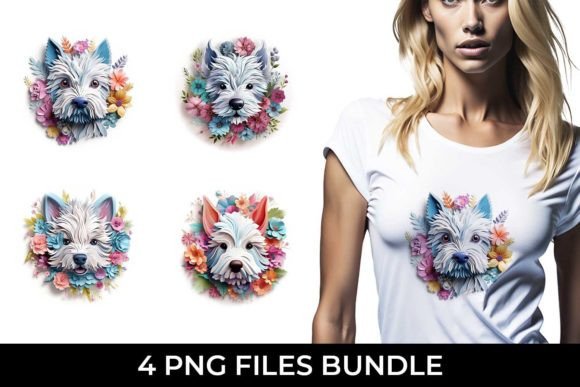 3D Floral Fantasy Westie Sublimation PNG Design Bundle