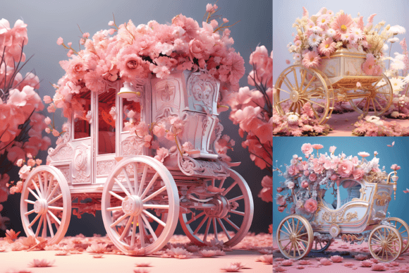 3D Pastel Chariot with Flowers Digital Papers